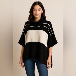 Aqua Black White Striped Poncho Sweater XS | Nautical Preppy Coastal Boho Cowl
